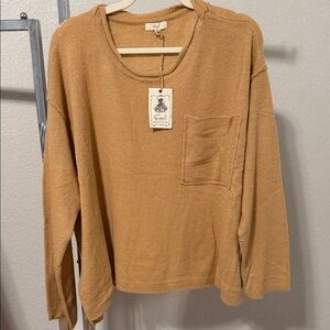 Casual Tan Long Sleeve Sweater with Pocket